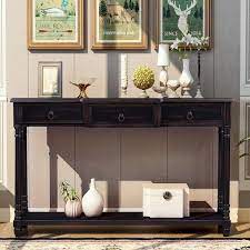Polibi 51 57 In Espresso Rectangle Shape Solid Wood Console Table With Projecting Drawers And Long Shelf Brown