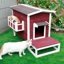 Red Solid Wood Cat House Larger Design