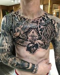 The placement of tattoos is a key factor to consider and chest tattoos has a way of enhancing if you are planning to get your first chest tattoo, then this post is for you. Chest And Arm Tattoo Designs Tattoos Arm Tattoo Full Chest Tattoos