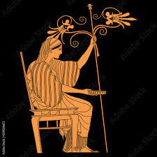Ancient Greek goddess or woman sitting on throne and holding flower branch  and bowl. Vase painting style. Demeter or Persephone. Stock Vector | Adobe  Stock