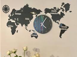 Large Wall Clock World Map Silent Black