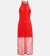 halterneck lace midi dress in red