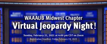 The official jeopardy!® for training game, created in partnership with jeopardy productions, inc., follows the classic rules of america's favorite quiz show®.the first two rounds consist of three to five categories each containing three to five text, image, or video clues. Aub Online Community Waaaub Midwest Virtual Jeopardy Night