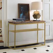 armen living faye rustic brown wood console table with shelf and antique br metal base