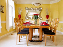 bright yellow dining room with red