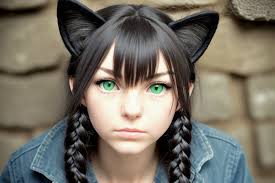 kawaii cat green eyes brown hair