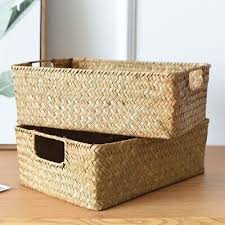 rectangular hand woven basket indoor