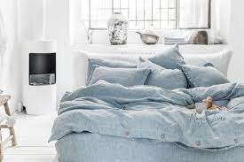 linen bedding set in blue melange denim