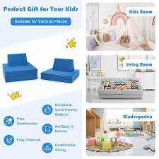4 Piece Convertible Kids Couch Set With 2 Folding Mats Blue Costway