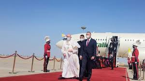 pope francis lands in baghdad marking
