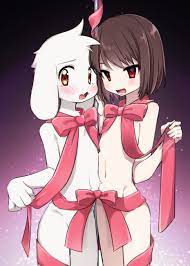 porygonleft, chara (undertale), undertale, character request, highres,  2boys, blush, body fur, brown hair, furry, furry male, male focus, medium  hair, multiple boys, naked ribbon, nude, red eyes, ribbon, shota, trap -  Image