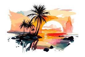 watercolor sunset painting with palm