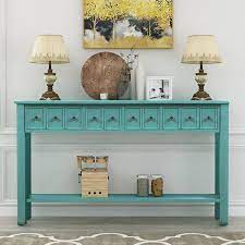 60 In Blue Rustic Standard Rectangle Wood Console Table With 2 Diffe Size Drawers And Shelf For Storage