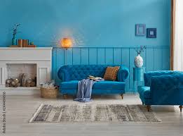 blue wall and background blue sofa
