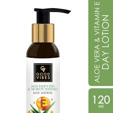 good vibes plus age defying moisturizing day face lotion aloe vera vitamin e with milk protein 120 ml