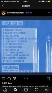 Chemtrails is the title track because it mentions them all and it mentions wanting so much to be normal and realizing that when you have an overactive, eccentric mind, a record like chemtrails is just what you're going to get. Leaked Chemtrails Over The Country Club Tracklist Not Mine Lanadelrey
