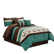 Amazon Com Wpm World Products Mart 7 Piece Rustic Comforter Set Brown Beige Teal Horseshoe Horse Barb Wired Embroidered Bed In A Bag Western Cowboy Bedding Set Jena Teal King Home Kitchen