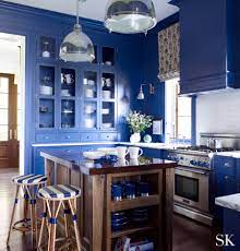monochromatic kitchen blue walls