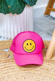Izzyzx yellow glitter smiley face embroidered. Smiley Face Trucker Hat Groovy S Women S Smiley Face Hat