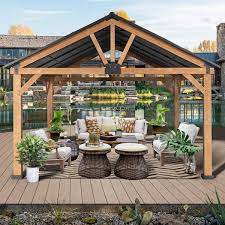 Joyside 15 Ft X 13 Ft Solid Cedar Wood Outdoor Patio Hardtop Gazebo With Black Galvanized Steel Roof And Ceiling Hook