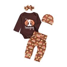 Baby Girls Boys Brown Long Sleeve 4pcs Clothes Set Romper Pants Hat Headband Outfits
