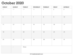 October 2020 Calendar Templates