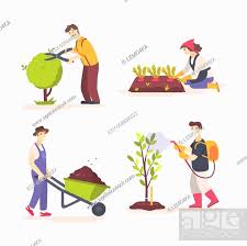 cartoon people doing gardening job set