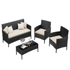 4 Pieces Black Wicker Patio Furniture Sets Patio Conversation Sets With Beige Cushion