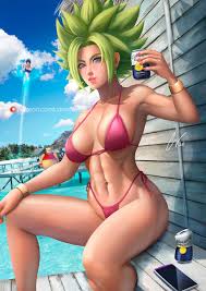 Kefla's hairstyle is a mixture of both of those owned by the female saiyans, being spiky like caulifla's with bangs framing both sides of her face while the majority of her hair is held up in a ponytail like kale's. Carlos Vasseur Miss Beach Kefla