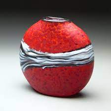 Red Strata Vase Etched Hand Blown Glass