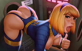 vault girl, fallout (series), bent over, blonde hair, glory hole, looking  at viewer, open mouth, thumbs up 
