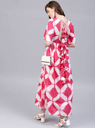Aks Women Pink White Printed Maxi Dress