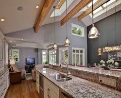 Cathedral ceilings can be a dramatic look. Gorgeous Kitchen Lighting Vaulted Ceiling Vaulted Ceiling Living Room Vaulted Ceiling Kitchen Rustic Kitchen Lighting