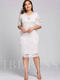 Plus Size White V Neck Plain Womens Lace Dress