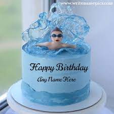 swimming blue happy birthday cake with