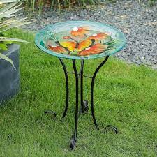 Erfly And Flowers Glass Bird Bath With Metal Stand