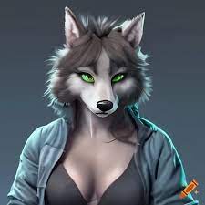 Image of a female anthropomorphic wolf furry, she has black fur, green eyes  and black hair, wearing jeans and a hoodie, photo realistic, furry art,  anime, cyberpunk on Craiyon