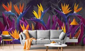 Tropical Flowers Strelitzia Purple Wall