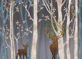 Wall Mural Deer Trees Wallpaper Wooden