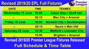 Premier league fixtures, english premier league schedule. Epl 2020 Full Schedule Time Table Premier League Football Will Resume From June 17 2020 Youtube