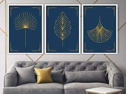 Blue Gold Art Deco Leaf Print Set Of