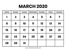 march 2020 calendars printable