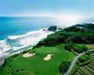 Arial view overlooking Tanah Lot temple and golf course 7th green ...