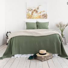 Moss Green Linen Bedspread Olive Green