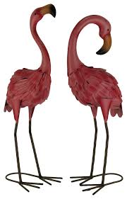 Set Of 2 Decorative Metal Pink Flamingo