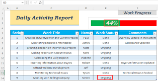 daily activity report in excel