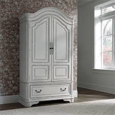 Slider door revealing open storage with 3 adjustable shelves. Bedroom Set With Queen Bed And Armoire In Vintage White 1909764 Pkg