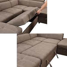 Magic Home 128 In U Shaped Flared Arm Polyester 7 Seater Sofa Couch With Storage Ottoman Adjustable Headrest Pull Out Bed Brown