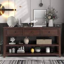 50 In Espresso Rectangle Wood Long Console Table With Drawers And 2 Tier Shelves 3 Drawers Sofa Table