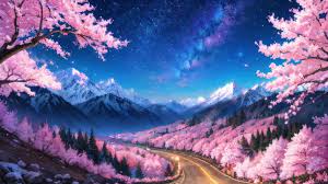 cherry blossom forest snowy mountain